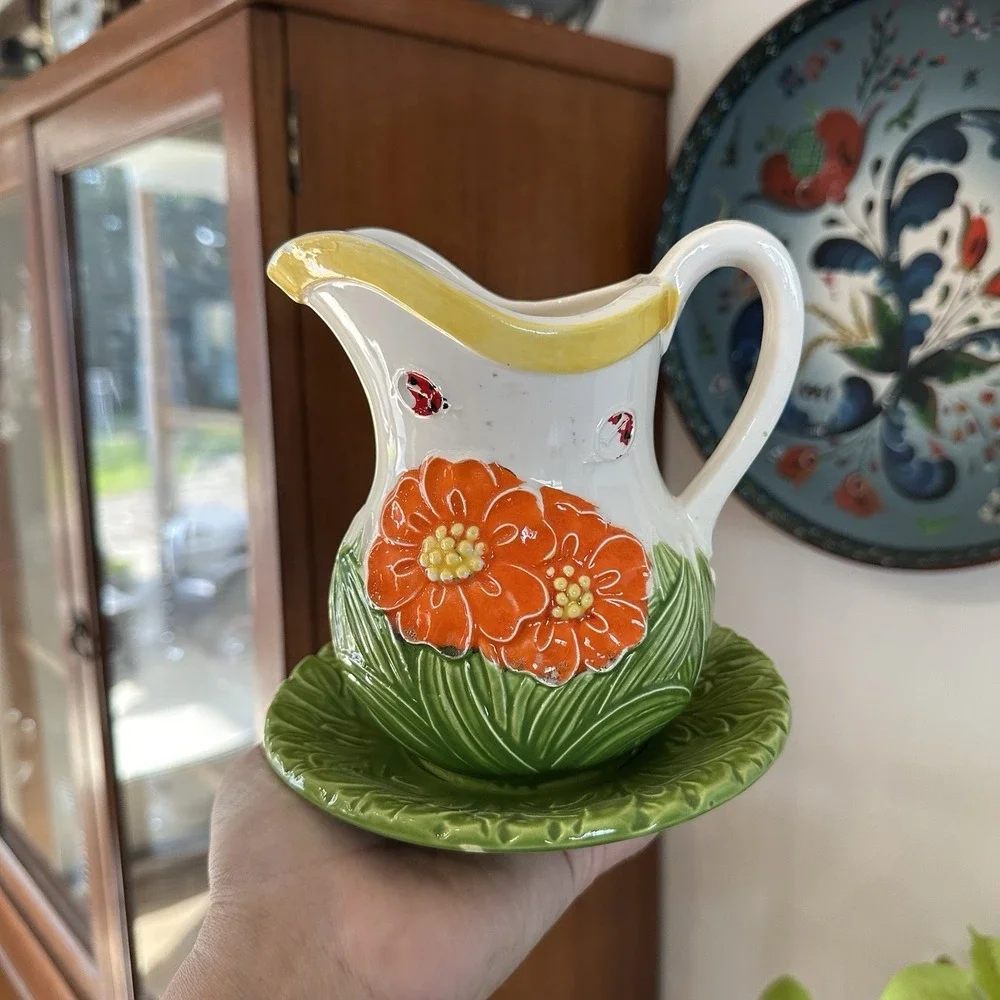 VTG Hand Painted Ceramic Floral Lady Bug Vase Pitcher & Plate Set Cottagecore